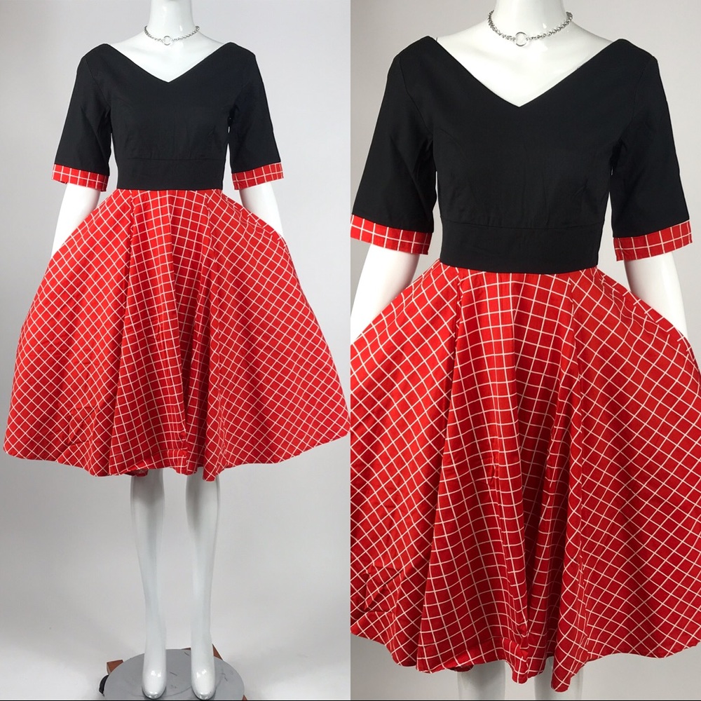 Vtg 50s rockabilly style red circle skirt dress